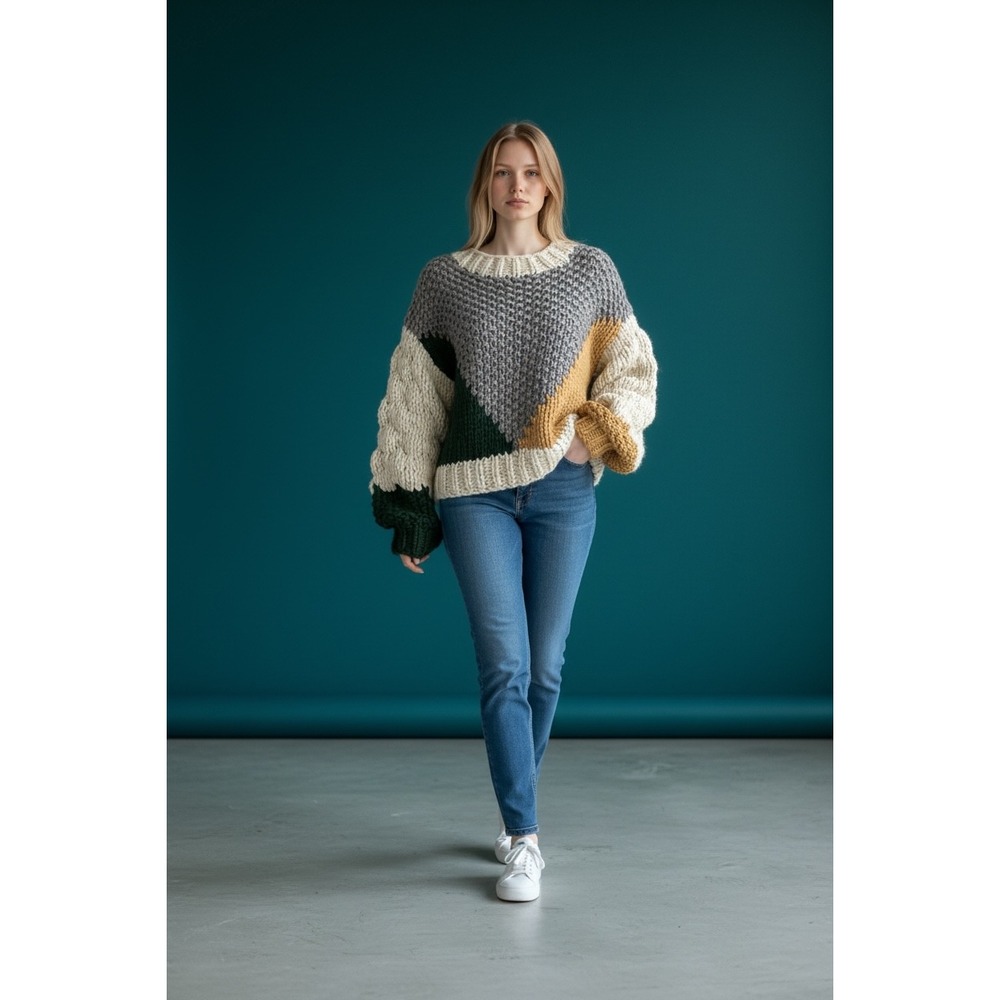 Entro Colorblock Chunky Knit Sweater Pattern Crew Neck Long‎ Sleeve Women M